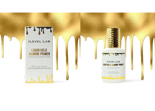 iLevel Lab Liquid Gold Jasmine Primer box with gold design, professional lash primer for better retention.