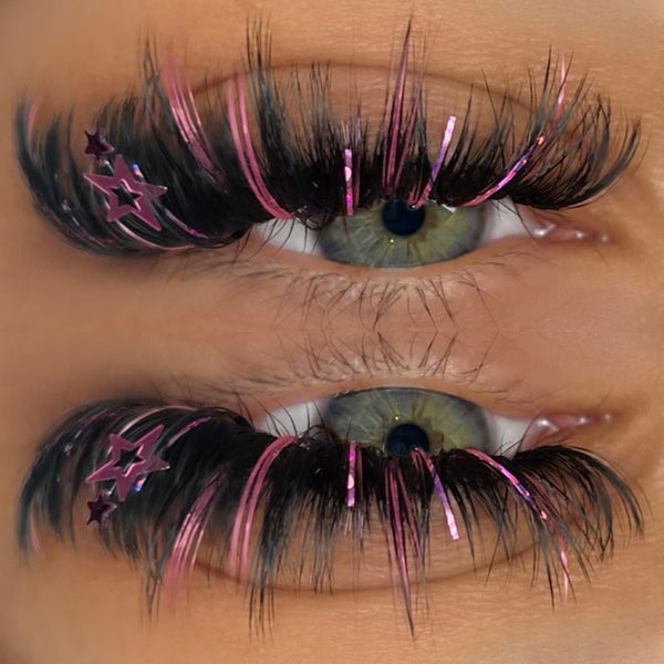 Tinsel lashes, holographic lashes, pink tinsel lashes, purple tinsel lashes, sparkly lashes, glittery lashes, shiny lashes, festive lashes, bold lash extensions, eye catching tinsel lashes, dramatic tinsel lashes, colorful lashes, glamorous lashes, vibrant tinsel lashes, unique lashes, holiday ready lashes