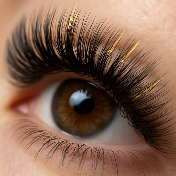 gold tinsel lashes, tinsel lashes, tinsel lash extensions, gold lashes, festival lashes, colored lashes, holographic lashes