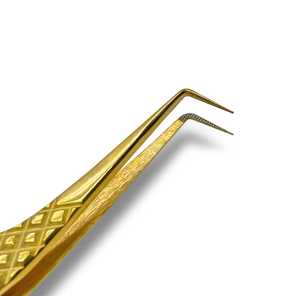 fiber tip lash tweezers for volume lashes, diamond grip lash extension tweezers, angled lash tweezers for mega volume fans, non slip lash extension tweezers for fan pickup, precision lash tweezers for handmade fans, professional lash extension tweezers for volume application