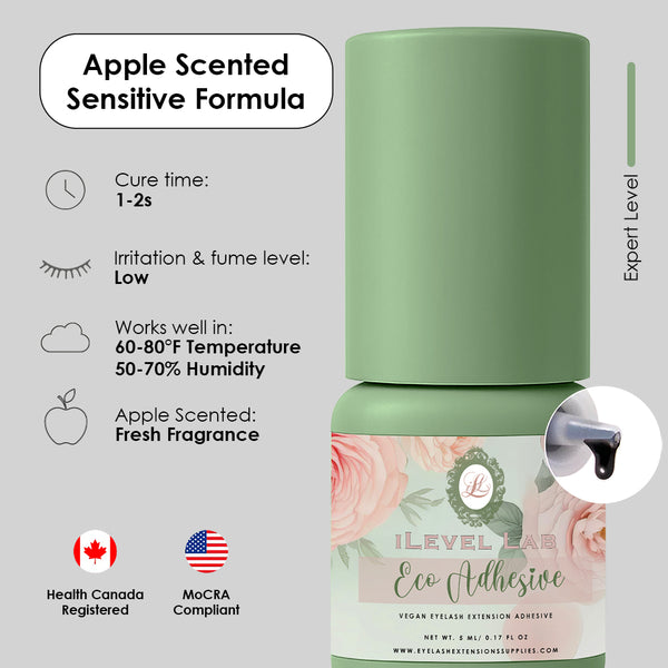 apple scented adhesive, vegan lash adhesive, low fume adhesive, intermediate level lash adhesive, quick drying lash adhesive, 1-2 second drying lash adhesive, strong hold lash adhesive, long lasting lash adhesive, eyelash extension lash adhesive