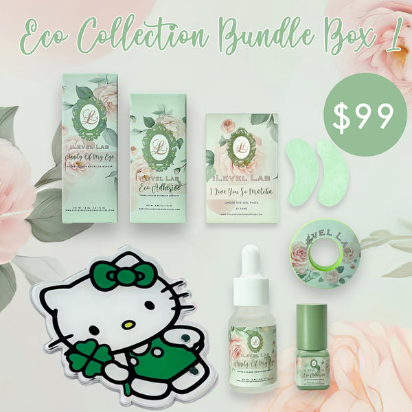 lash bundle box, lash essentials, lash kits, eyelash extension bundles, lash bonder, lash adhesive, lash tape, green colored lashes, lash tweezers, starter kit