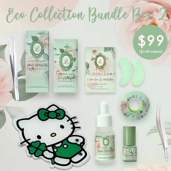 lash bundle box, lash essentials, lash kits, eyelash extension bundles, lash bonder, lash adhesive, lash tape, green colored lashes, lash tweezers, starter kit