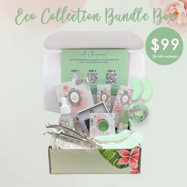 lash bundle box, lash essentials, lash kits, eyelash extension bundles, lash bonder, lash adhesive, lash tape, green colored lashes, lash tweezers, starter kit