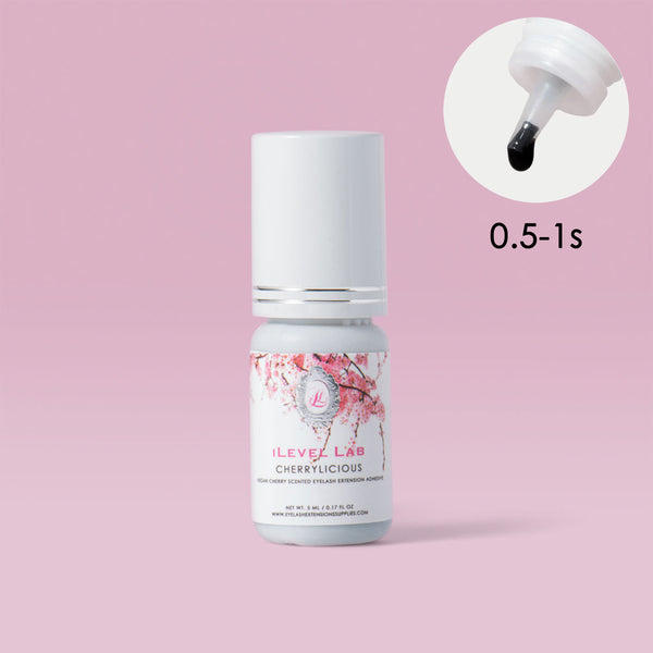 iLevel Lab Cherry scented Lash Adhesive, 0.5–1 second drying time, fast bonding glue for advanced lash extension application.