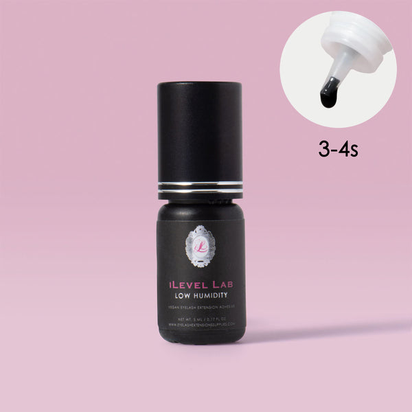 iLevel Lab Low Time Adhesive, 3–4 second drying time, black bottle lash glue for low humidity environment