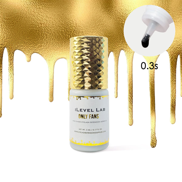 iLevel Lab Of Time Adhesive, 0.3 second drying time, gold drip design bottle, premium lash extension glue.