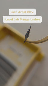 alt="iLevel Lab Manga Lashes tray featuring premade narrow fans designed for anime lash sets and manga lash mapping."