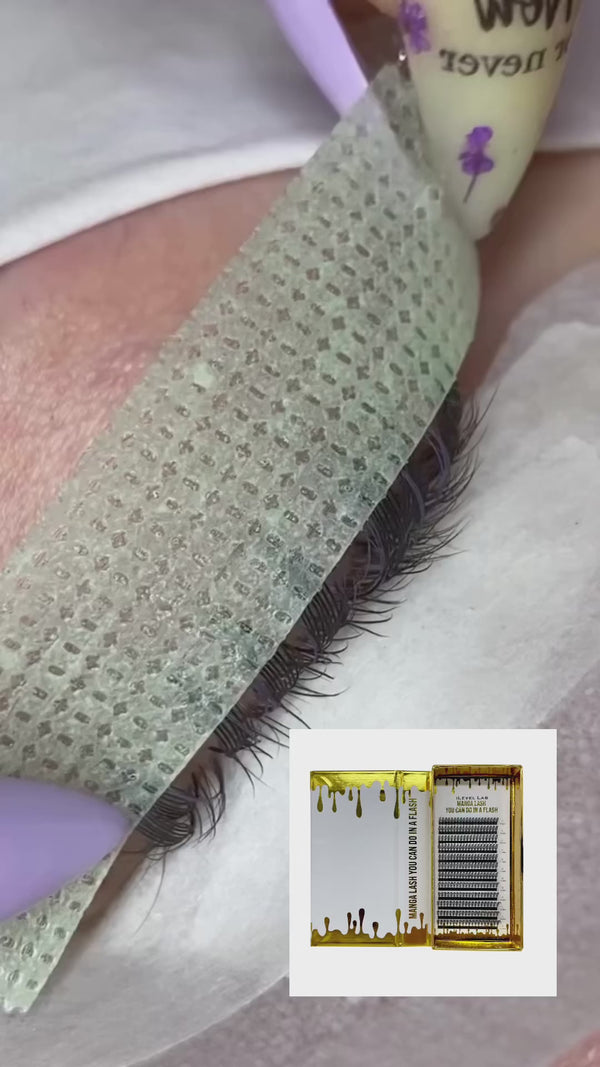 alt="Applying manga lash extensions with premade narrow fans from iLevel Lab, showing close-up of lash placement and lash tray packaging."