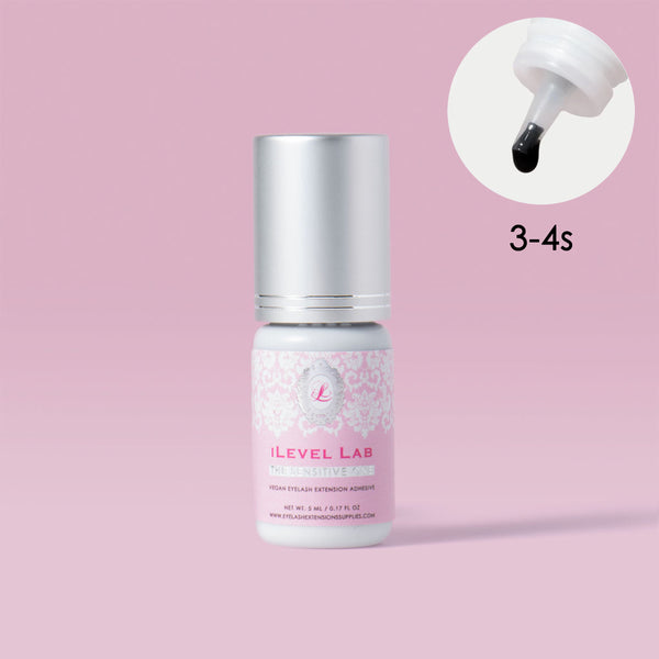 iLevel Lab Sensitive Lash Adhesive, 3–4 second drying time, gentle low-fume formula for delicate eyelash extensions.