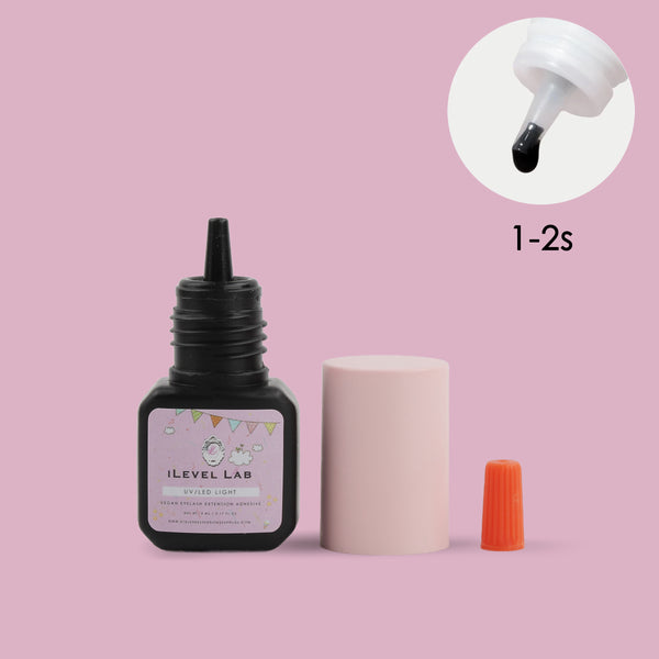 iLevel Lab UV Time Lash Adhesive, 1–2 second curing time, UV-activated eyelash extension glue with precision nozzle.