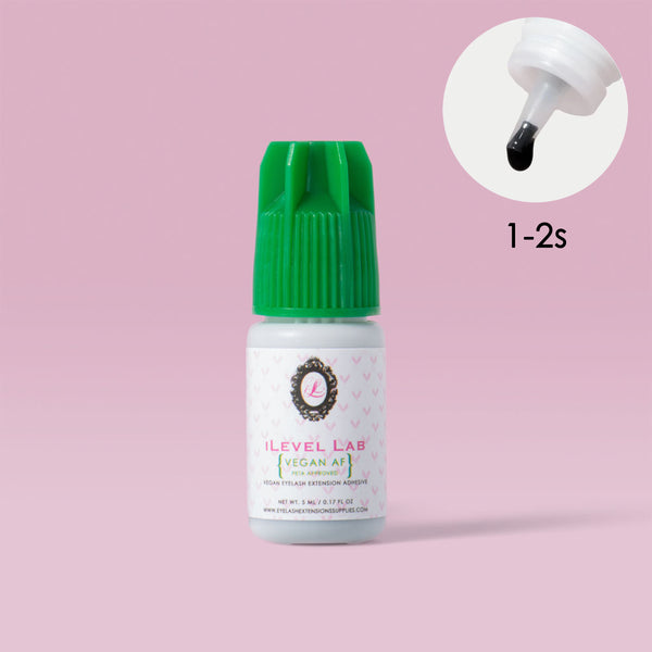 iLevel Lab Vegan Time Lash Adhesive, 1–2 second drying time, green label formula for cruelty-free lash extensions.