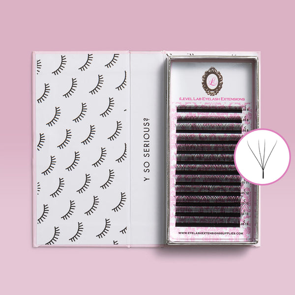 An open tray of iLevel Lab YY Clover 4D eyelash extensions containing rows of black volume lashes on a pink background with a circular graphic showing a close-up diagram of a single 4D clover lash extension for professional lash artists.