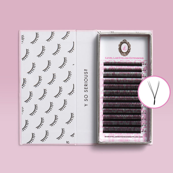 iLevel Lab Y Shape eyelash extensions tray containing multi-length rows of volume lashes with a circular graphic showing a close-up diagram of a single Y-lash extension for professional lash artists.